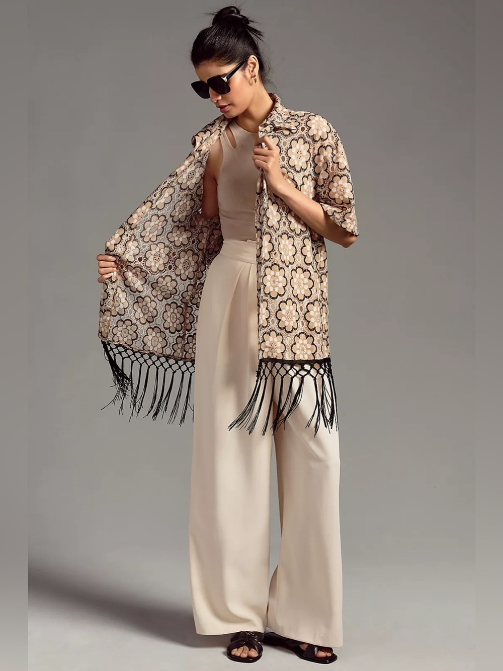 Self Contrast Anthropologie Floral Lace Fringe Kimono Cardigan‎ One Size NEW